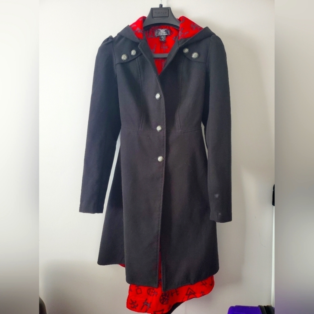 Wool Blend Hooded Coat with Red Lining